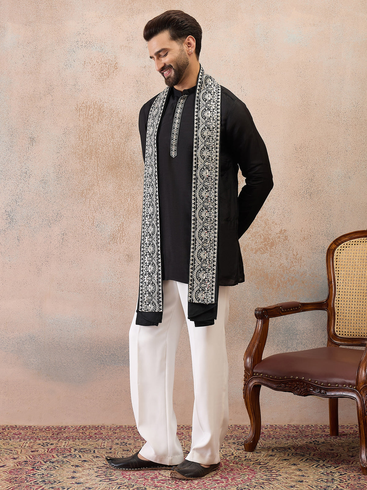 Black Embroidered Kurta Set with Embroidered Dupatta & Korean Pants