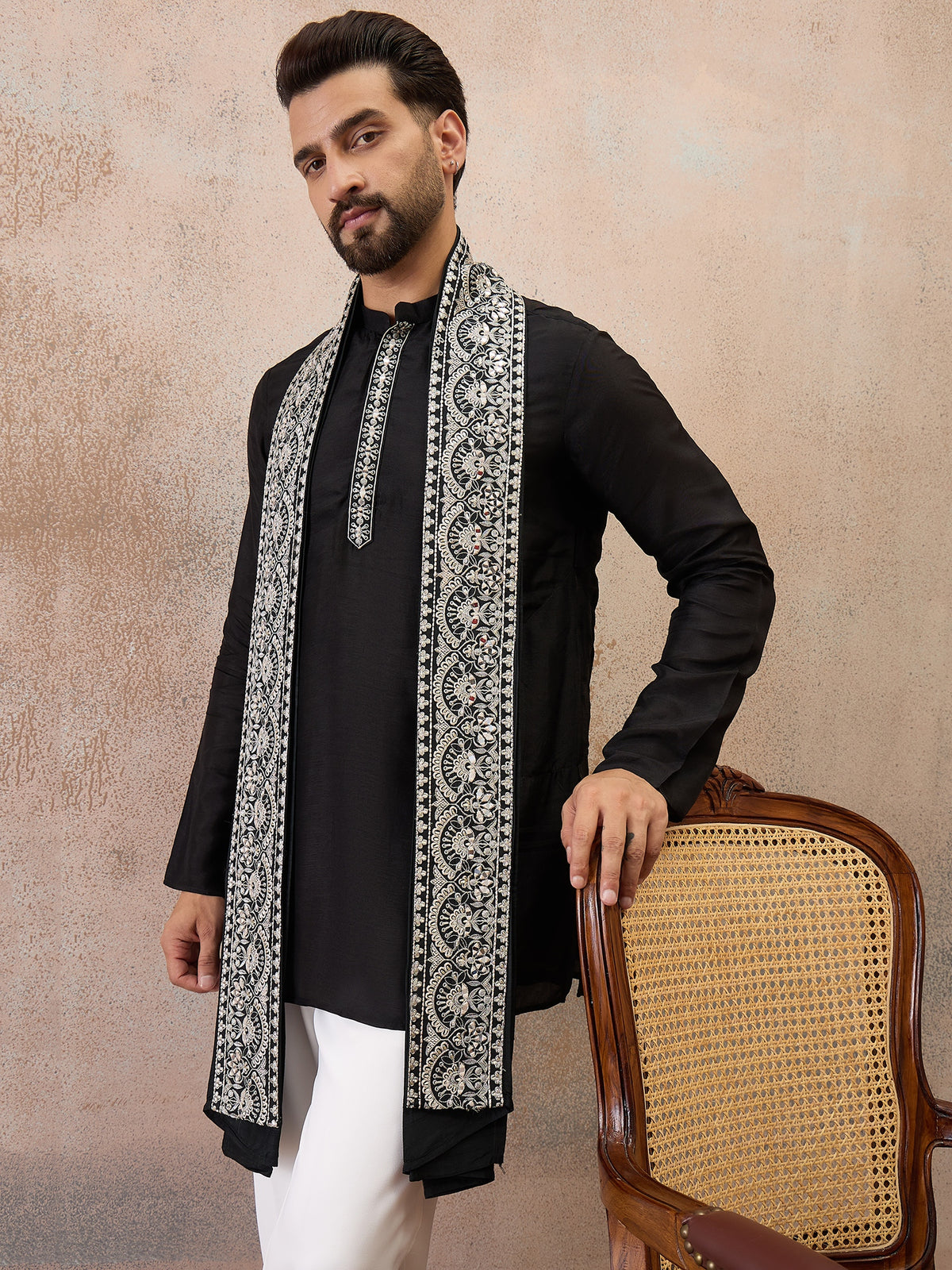 Black Embroidered Kurta Set with Embroidered Dupatta & Korean Pants