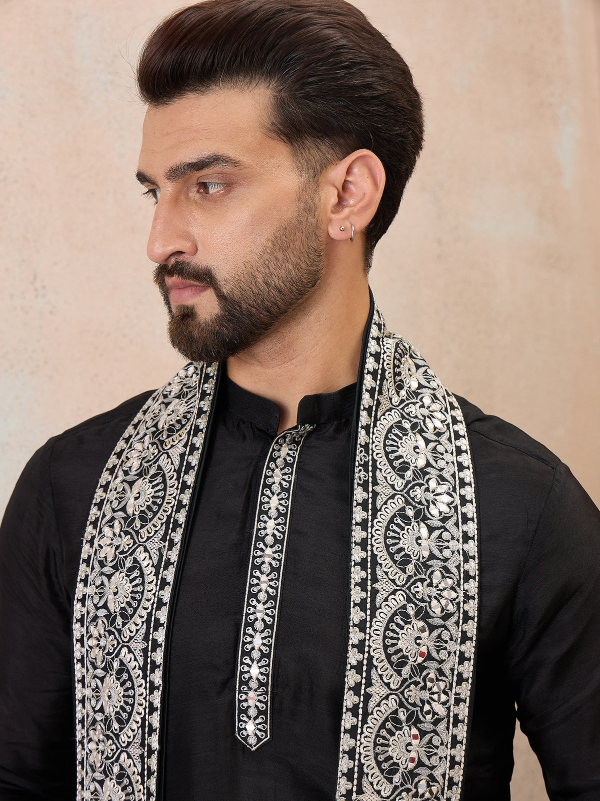 Black Embroidered Kurta Set with Embroidered Dupatta & Korean Pants