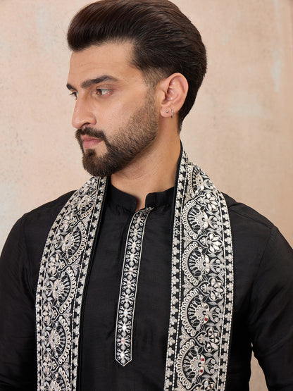 Black Embroidered Kurta Set with Embroidered Dupatta & Korean Pants