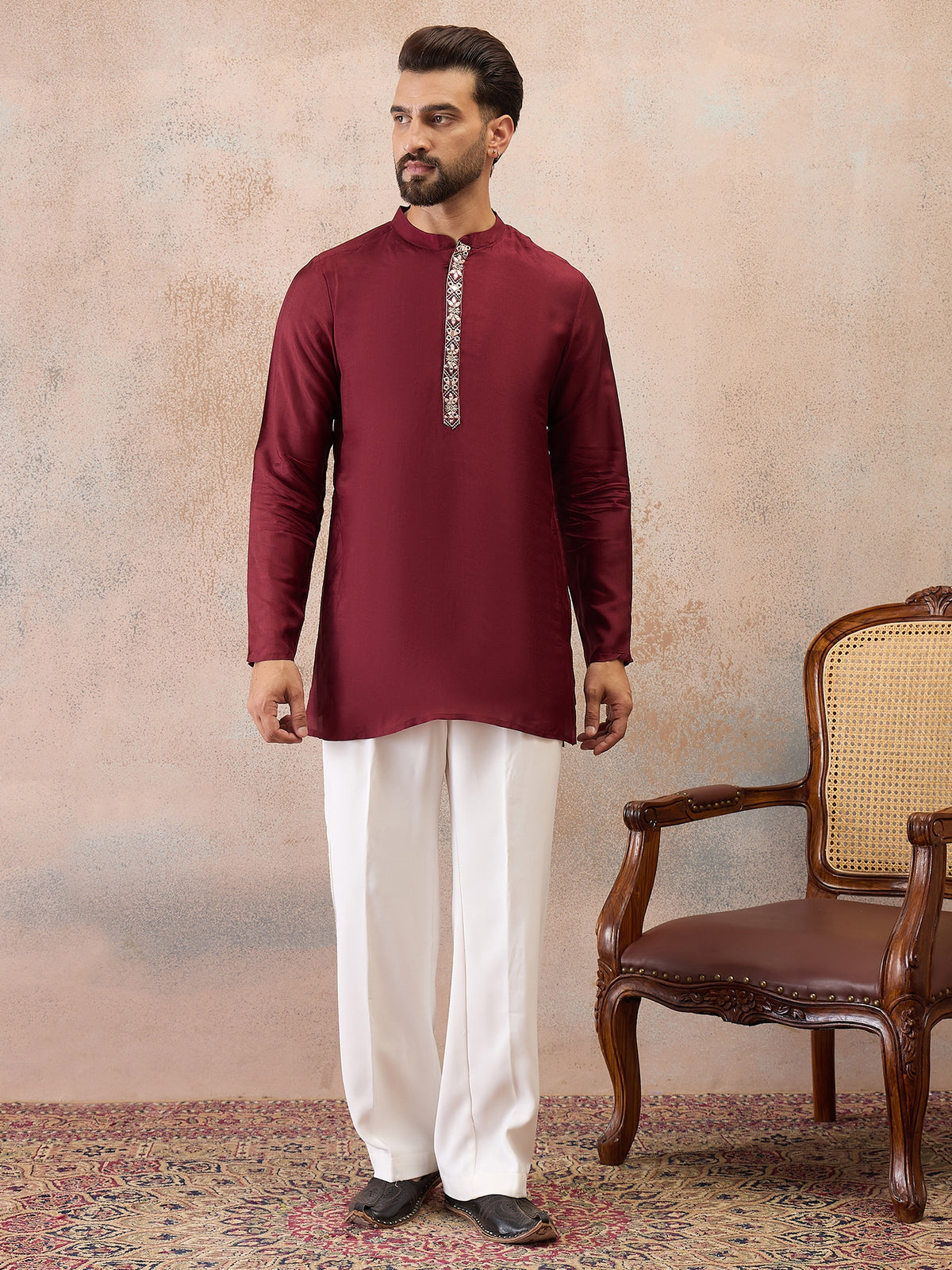 Maroon Embroidered Kurta Set with Embroidered Dupatta & Korean Pants
