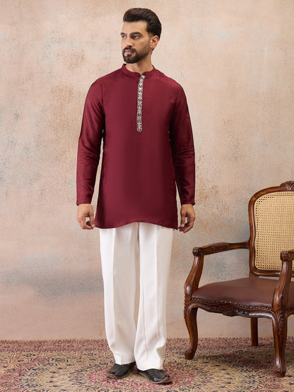 Maroon Embroidered Kurta Set with Embroidered Dupatta & Korean Pants