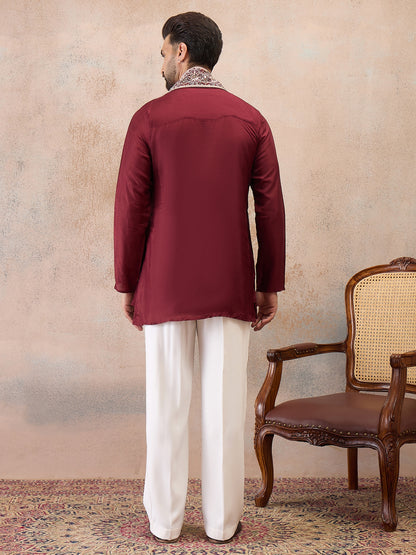 Maroon Embroidered Kurta Set with Embroidered Dupatta & Korean Pants