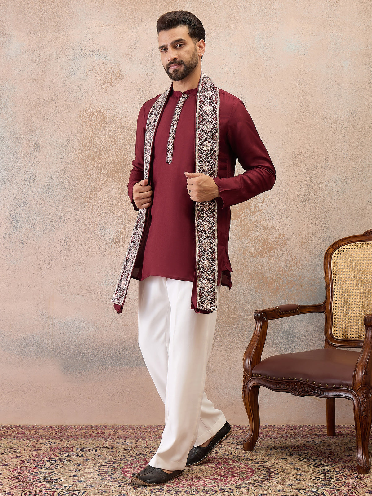 Maroon Embroidered Kurta Set with Embroidered Dupatta & Korean Pants