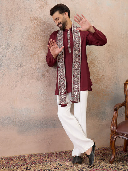 Maroon Embroidered Kurta Set with Embroidered Dupatta & Korean Pants