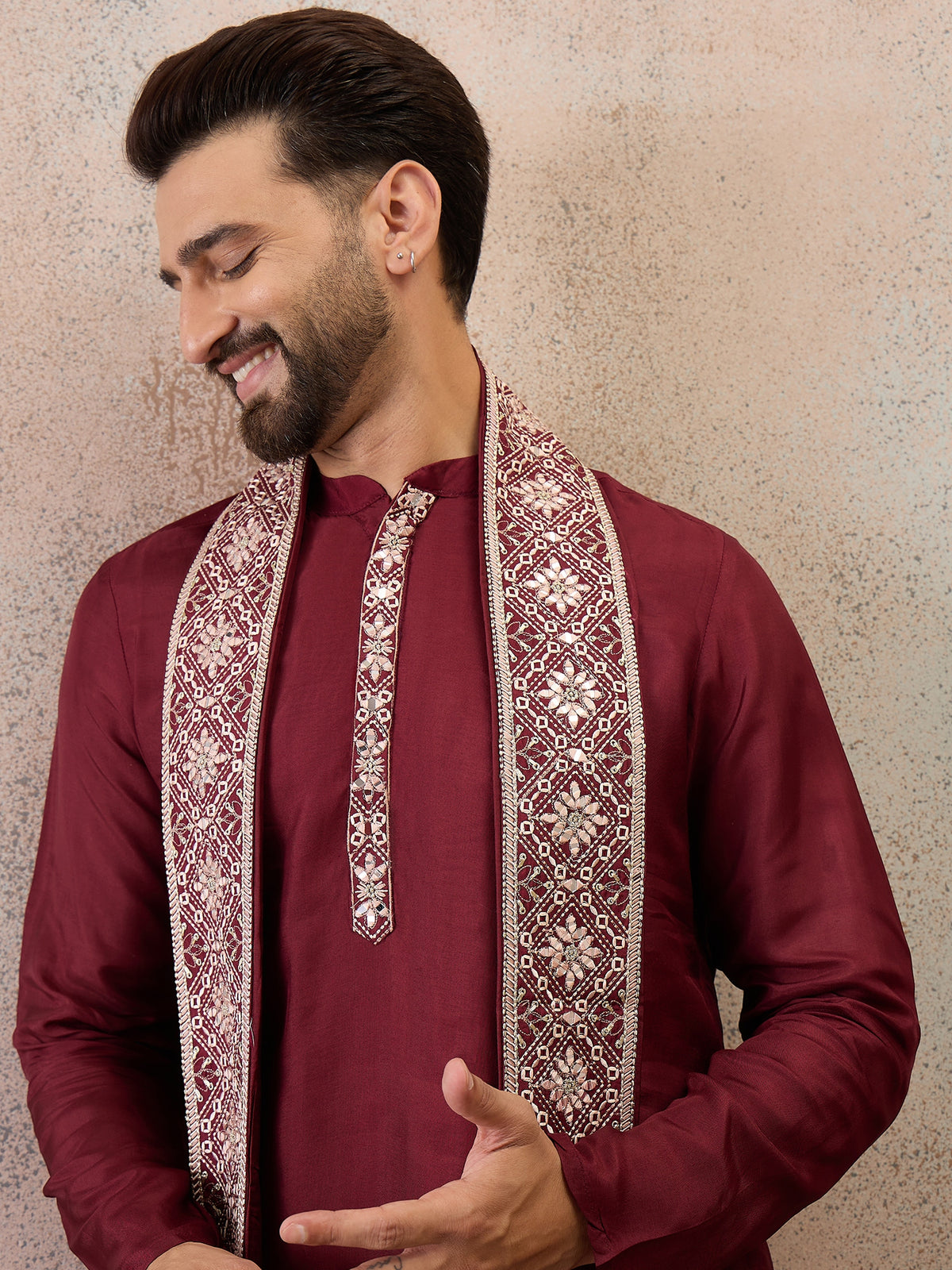 Maroon Embroidered Kurta Set with Embroidered Dupatta & Korean Pants