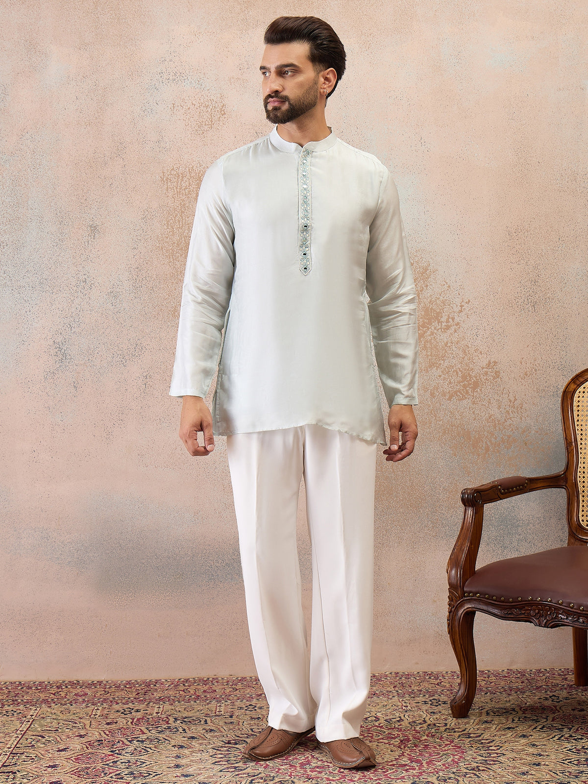 Sky Blue Embroidered Kurta Set with Embroidered Dupatta & Korean Pants