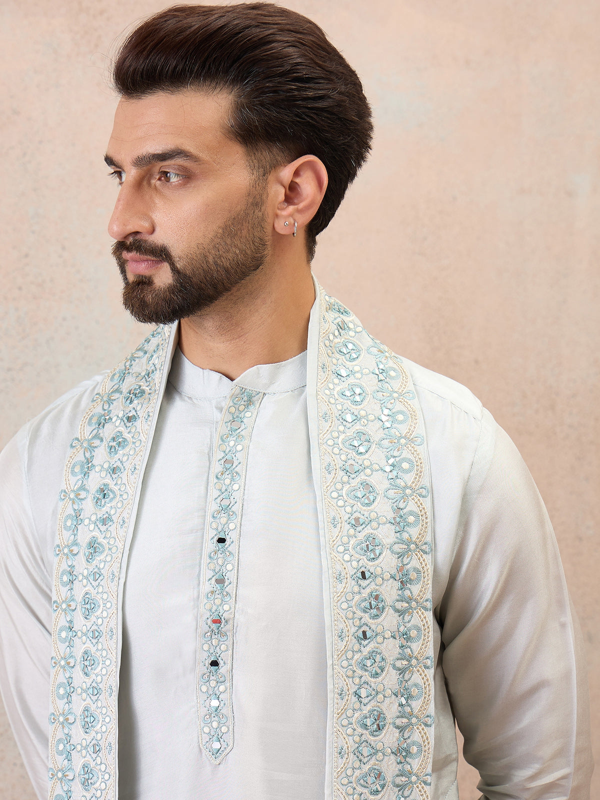 Sky Blue Embroidered Kurta Set with Embroidered Dupatta & Korean Pants
