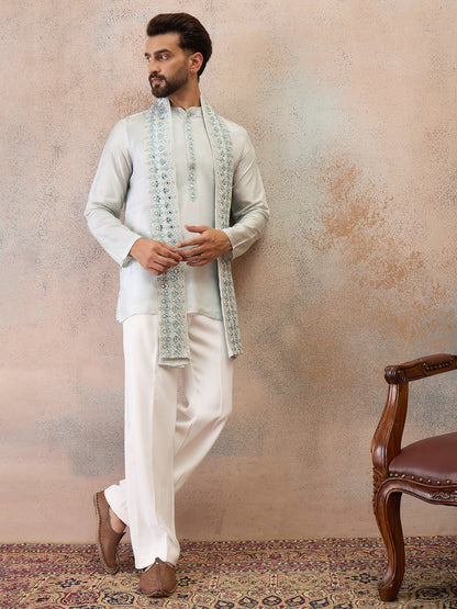Sky Blue Embroidered Kurta Set with Embroidered Dupatta & Korean Pants