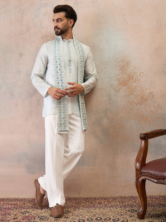 Sky Blue Embroidered Kurta Set with Embroidered Dupatta & Korean Pants