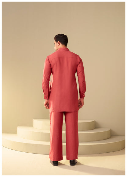 Rust Linen Co-Ord Set for Men Side View – Shirt Collar Ethnoir India