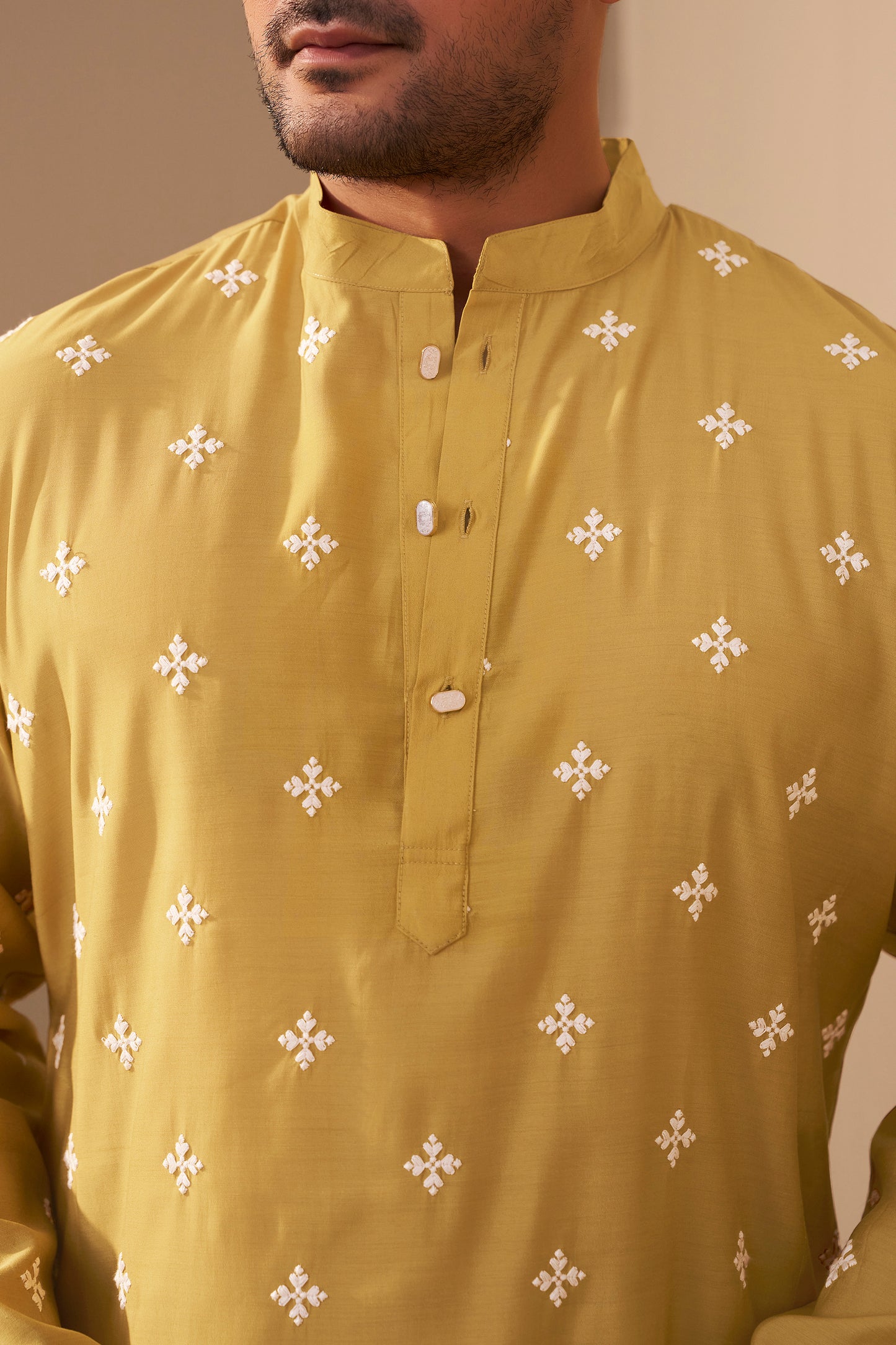Mustard Embroidered Kurta Men Detail – Festive Ethnic Ethnoir India
