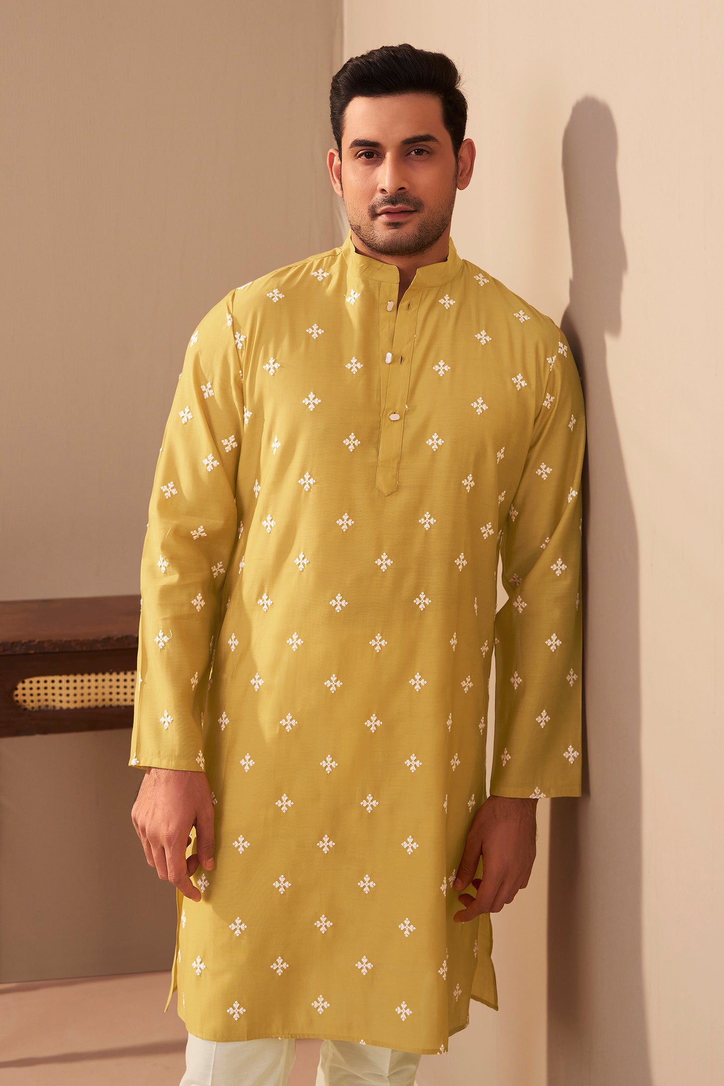 Mustard Roman Silk Embroidered Kurta Men Side View – Ethnoir India