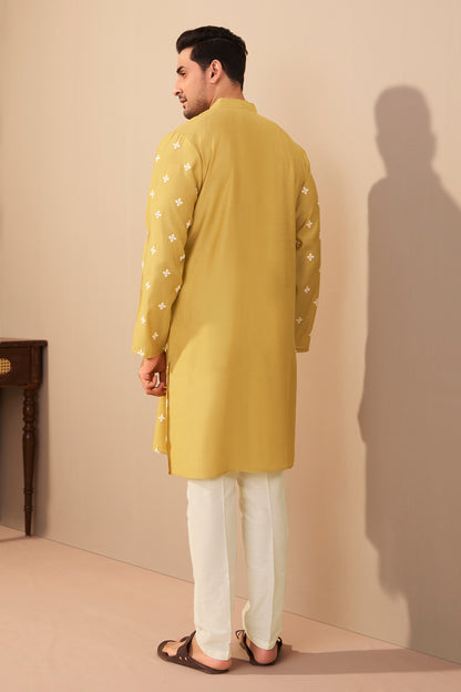Mustard Silk Kurta for Men Back View – Mandarin Collar Ethnoir