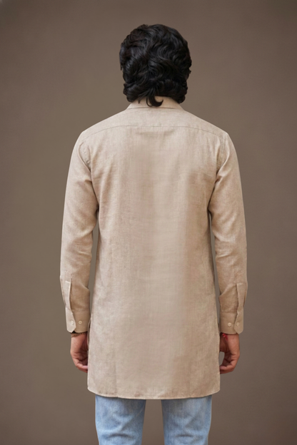 Beige Embroidered Kurta for Men Back View – Poly Linen Ethnoir India