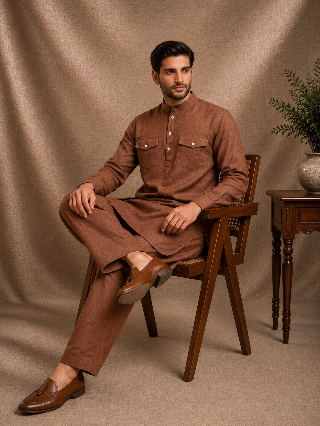 Ethnoir brown linen pathani kurta with salwar earthy warm ethnic co-ord set men festive casual wear