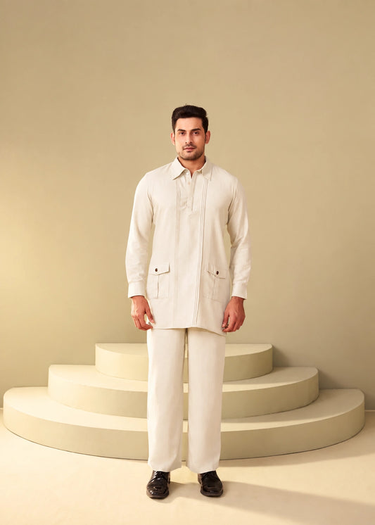 ETHNOIR Beige kurta co-ord set for men with mandarin collar and relaxed fit