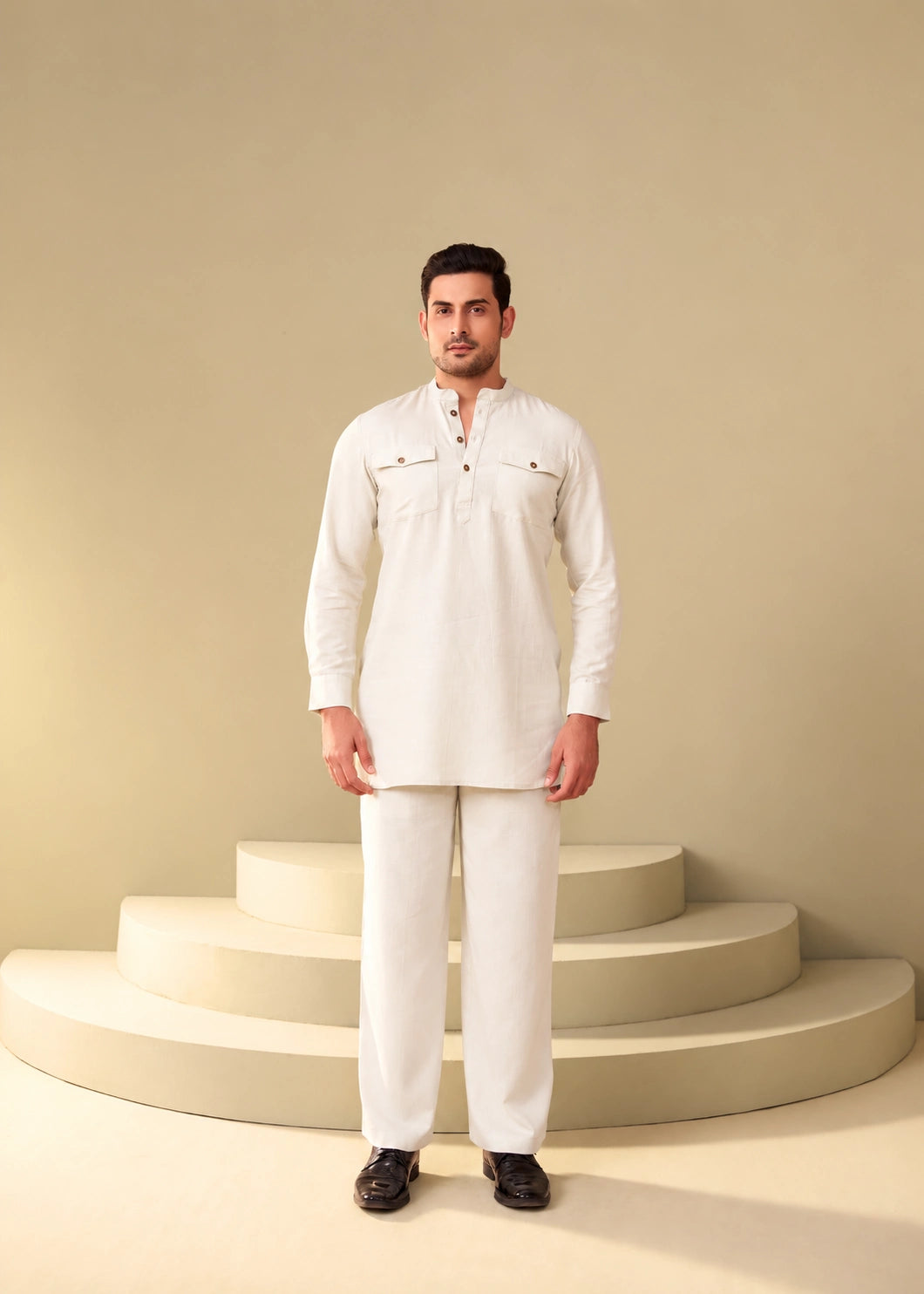 ETHNOIR Biege kurta co-ord set for men with mandarin collar and relaxed fit