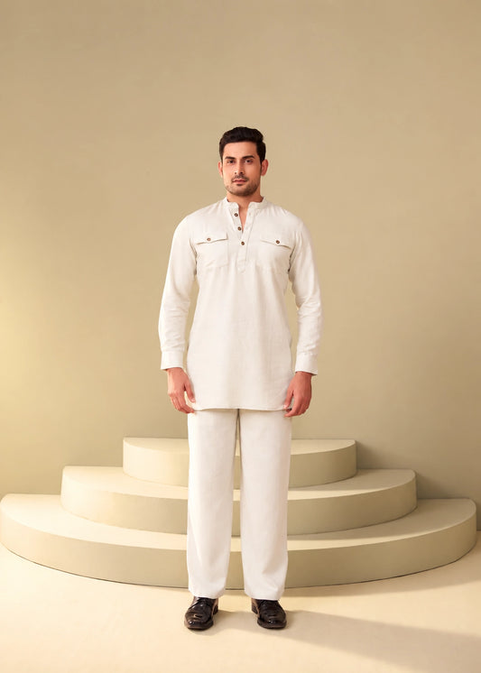 ETHNOIR Biege kurta co-ord set for men with mandarin collar and relaxed fit