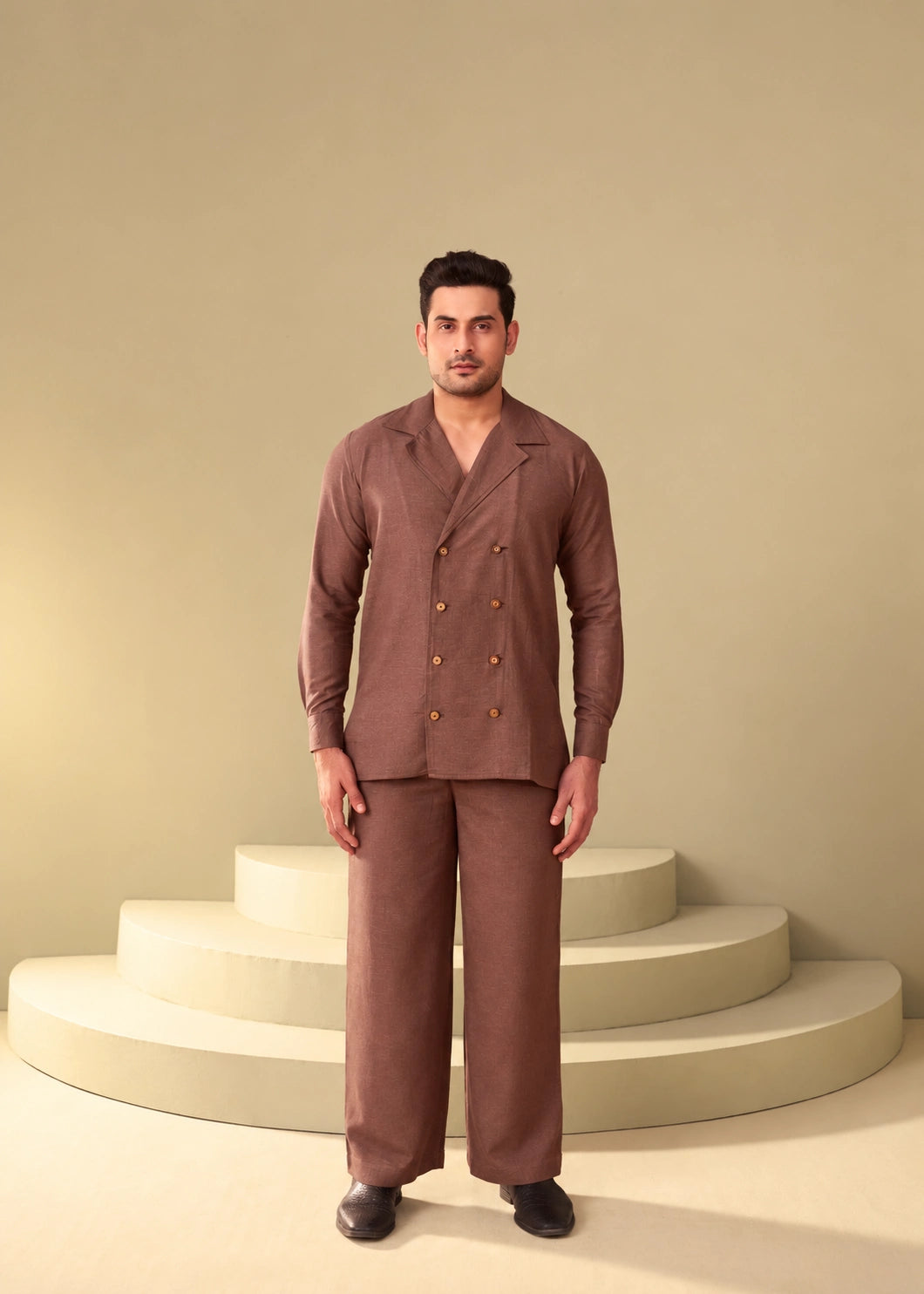 ETHNOIR brown kurta co-ord set for men with double pocket detail and relaxed fit