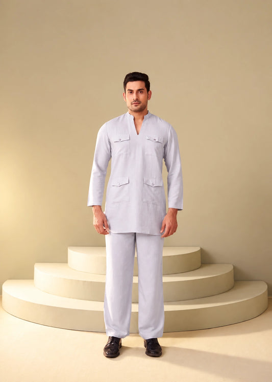 ETHNOIR Grey kurta co-ord set for men with multi-pocket detail and relaxed fit