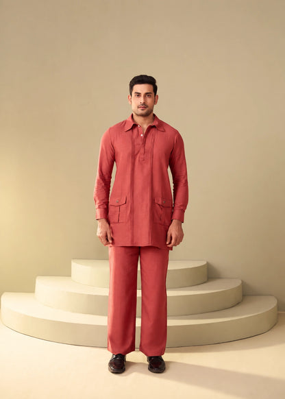 ETHNOIR rust kurta co-ord set for men with shirt collar and relaxed fit