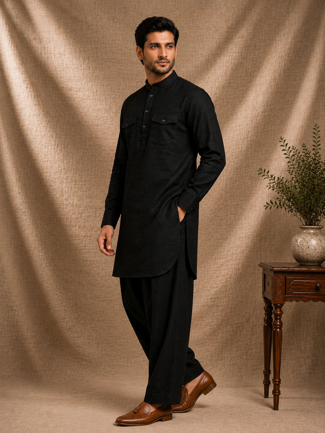 Black linen pathani kurta with salwar pants for men festive ethnic wear mandarin collar Ethnoir premium co-ord set