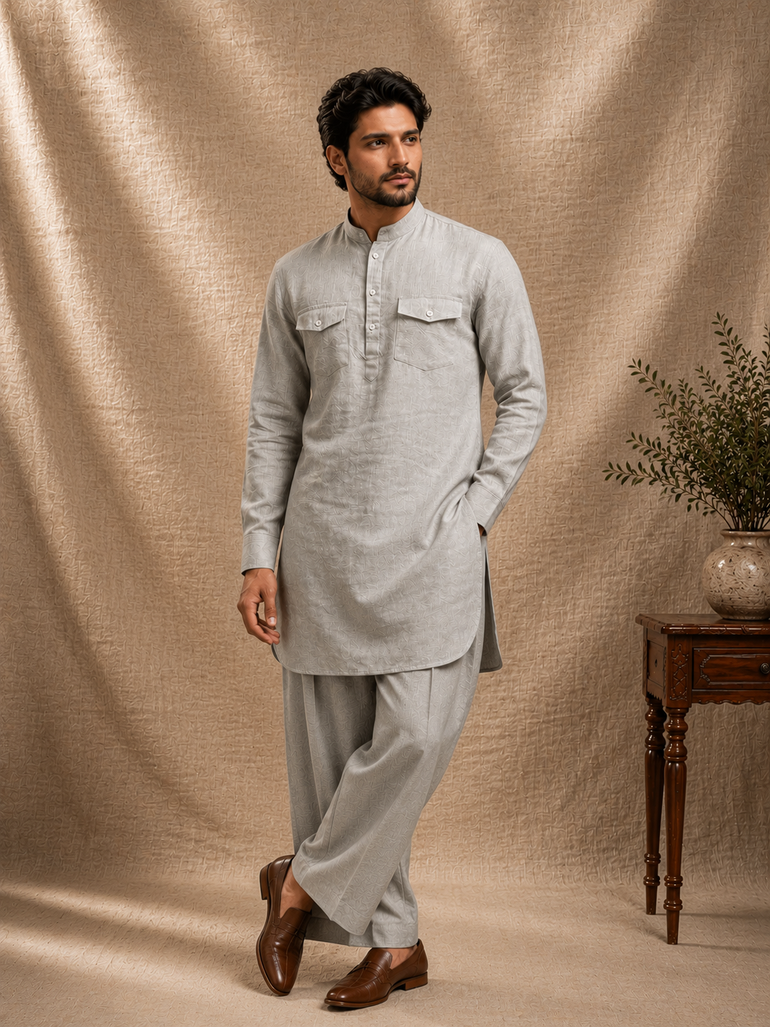 Mist grey premium linen pathani kurta set for men full sleeve mandarin collar Indian ethnic wear Ethnoir