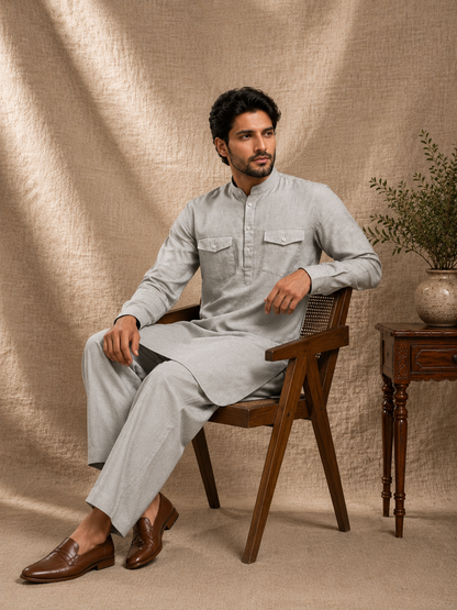 Ethnoir mist grey linen pathani kurta with wide salwar angled view calm modern ethnic co-ord set men
