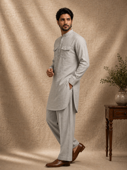 Grey linen pathani kurta set men festive casual ethnic wear mandarin collar Ethnoir premium co-ord relaxed fit