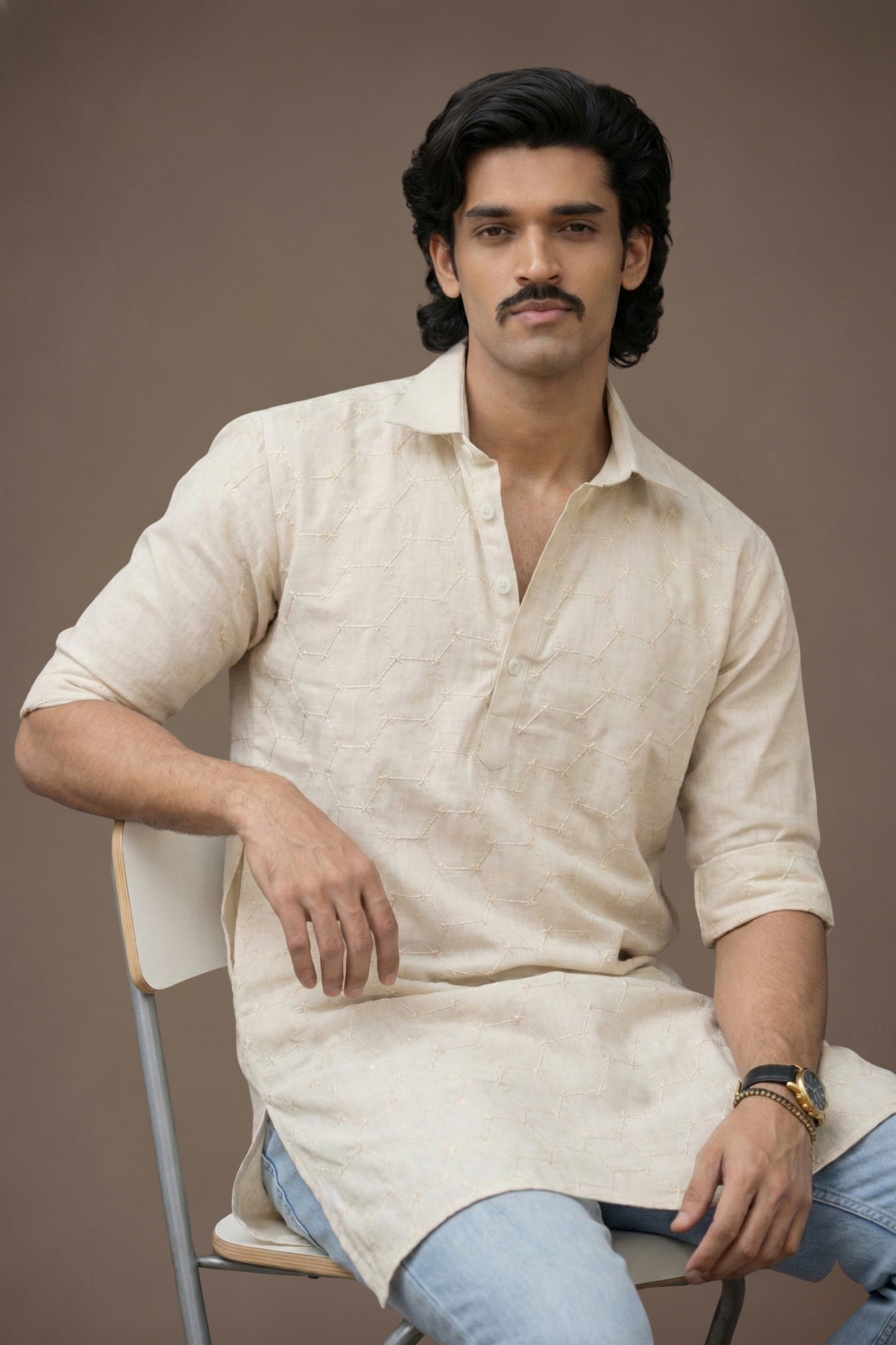 Off White Shirt Collar Poly Linen Kurta Men Full Length – Ethnoir India