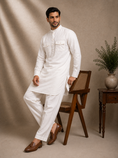White linen pathani kurta set men festive wedding ethnic wear mandarin collar Ethnoir premium co-ord
